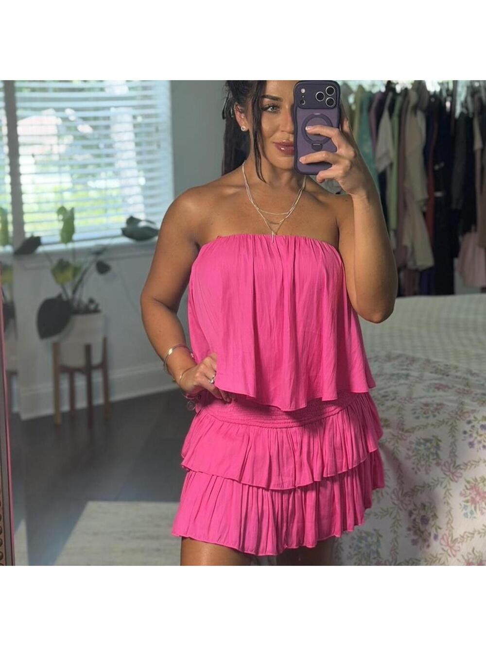 Hot Pink Strapless Ruffle Mini Dress | Barbiecore Summer Dress - Picture 4 of 7